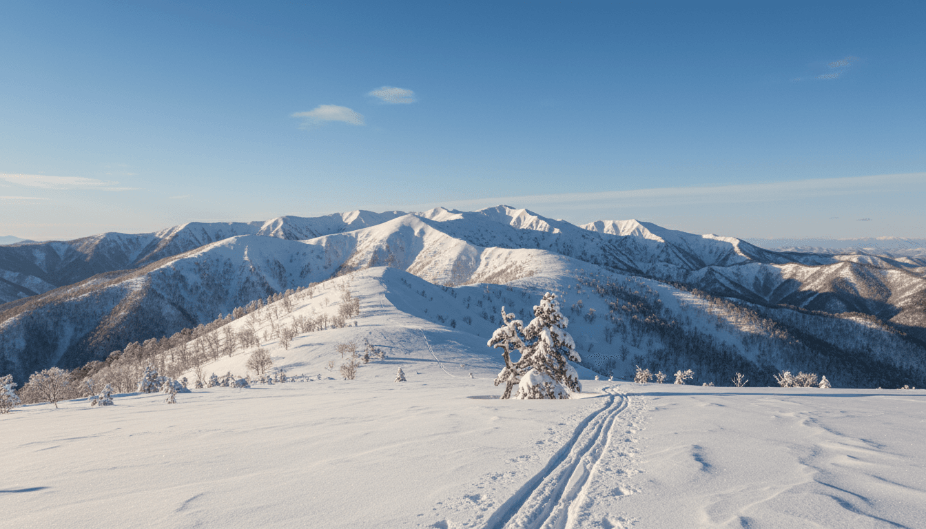 Snow-covered mountains in Hokkaido under a clear blue sky with ski tracks